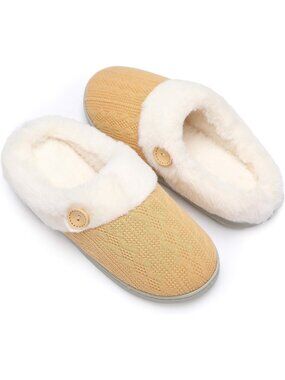 Women's Yellow Warm Comfy Memory Foam Knitted Shoes Faux Fur Lined Slippers